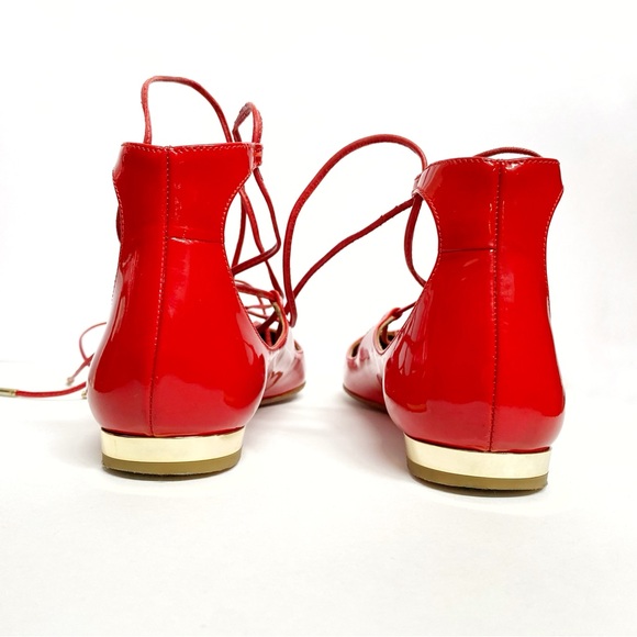 AQUAZZURA CHRISTY RED PATENT LEATHER ANKLE LACE UP POINTY TOE BALLET FLATS - Picture 3 of 13